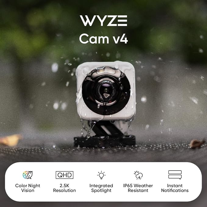 WYZE Cam v4 (Latest Model), 2.5K AI Security Camera, Indoor/Outdoor Cameras for Home Security, Baby Monitor & Pet Camera, Vibrant Color Night Vision, No Subscription Required