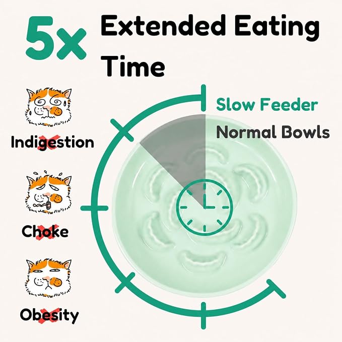 Slow Feeder Cat Bowls with Bamboo Stand, Ceramic Elevated Pet Food Plates for Cats and Small Dogs, Raised Non-Slip Feeder (Green/6.3")