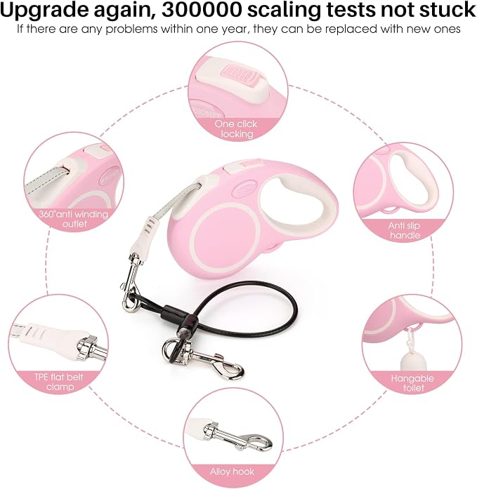 Upgraded 16 Ft Retractable Dog Leash with Chew Proof Cable - Pink | Heavy Duty Dog Leash with Poop Bag Dispenser for Small Medium Large Dogs up to 120lbs, 360° No Tangle, One-Handed Brake