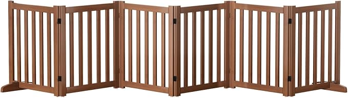 Wooden Freestanding Foldable Dog Gate, 24 Inch Height 6 Panel Pet Gate No Drill for Doorways Stairs, Fully Assembled Indoor Puppy Fence (Teak Color, 120" W x 24" H)