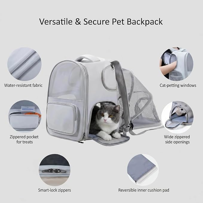 Interactive Expandable Pet Carrier Backpack for Cats & Small Dogs-Interactive Opening Pet Tent Backpack. Expandable for Extra Space.Breathable,Foldable Nest Bed for Travel, Walks,Vet & Home-Gray