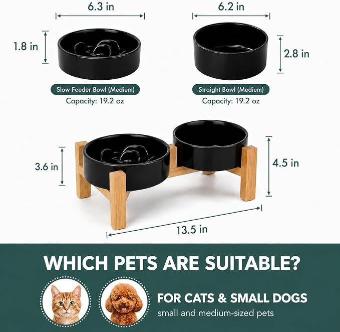 Ceramic Slow Feeder Dog Bowls with Raised Stand, 1.5 Cups Elevated Slow Feeding Bowl for Small and Medium Dogs and Cats, Non-Slip Pet Food Dish Helps Reduce Gulping and Bloating