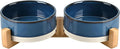 SPUNKYJUNKY Ceramic Dog and Cat Bowl Set with Wooden Stand, Modern Cute Weighted Food Water Bowl Set for Small Size Dogs (1.7 Cups, 2 × Pattern Blue)