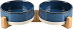 SPUNKYJUNKY Ceramic Dog and Cat Bowl Set with Wooden Stand, Modern Cute Weighted Food Water Bowl Set for Small Size Dogs (1.7 Cups, 2 × Pattern Blue)