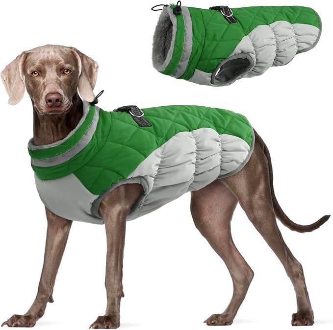 FUAMEY Dog Jacket for Large Dogs Warm Dog Jackets with Harness Built in | Dog Winter Jacket Cold Weather Snow Puppy Vest Water-Resistant Zip up Dog Fleece Jackets High Visibility Green XXXL