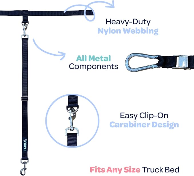Labra Dog Heavy Duty Leash System for Truck Bed - Adjustable Dog Tether with Tie Down for Pickup Trucks - Secure Restraint - with Safety Lock for Car Travel - Single Teather