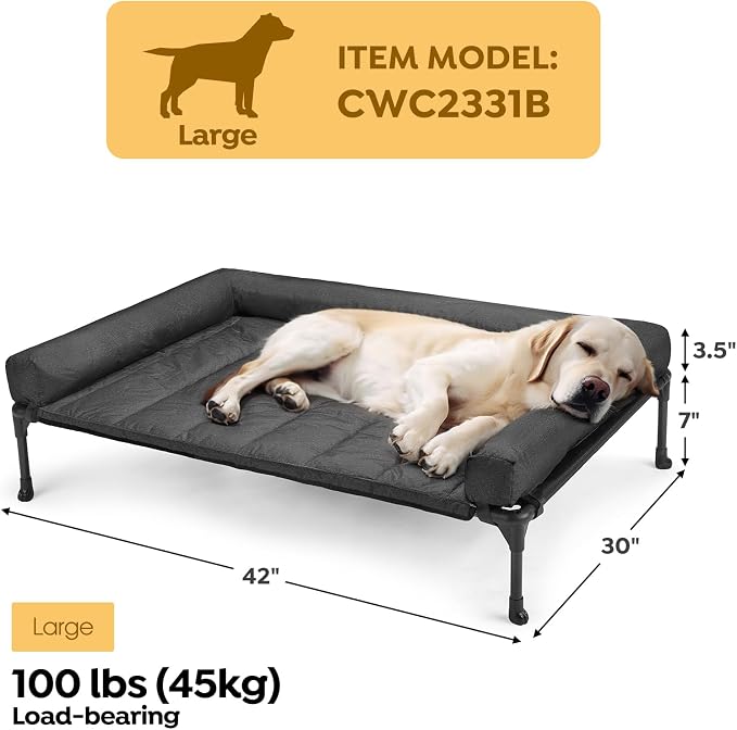 Veehoo Outdoor Elevated Dog Bed with Waterproof Bolster Cushion, Cooling | Raised Dog Bed with Removable & Washable Mat Topper, Breathable Mesh, Dog Couch Cot for Indoor Outdoor, 42", Large, Black