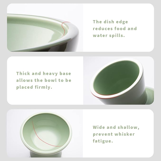 CEEFU 2-Pack Extra Wide Elevated Ceramic 6.2" Shallow Cat Food Bowls | Cat Dish for Whisker Fatigue Relief, 5" Height for Easy Feeding, Durable Raised, Sage Green