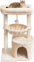 SYANDLVY Small Cat Tree for Indoor Cats, Kittens Condo with Scratching Post | Modern Activity Tower with Cradle & Hanging Ball for Play Rest, Beige