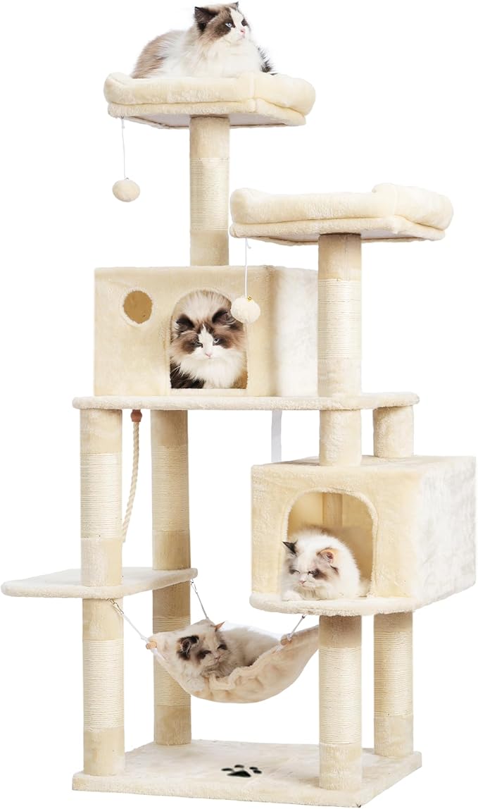 Hey-brother Cat Tree Tower with Sisal Scratching Posts, Big Condo, MPJ020M | 53.7 Inches Multi-Level Cat House with 2 Bigger Plush Condos, 2 Platforms, Hammock, Toy Balls for Indoor Cats, Beige