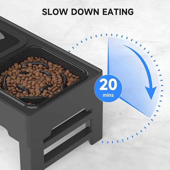 ELS PET Adjustable Elevated Dog Bowls, No Spill Water Bowl and Slow Feeder | Adjustable Height 3 to 11 Inch, Small, Medium, Large Dog, Slow Feeder Insert, No Spill Water Bowl, Anti-Slip Feet, Removable