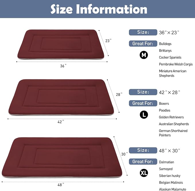 Dog Bed Soft Dog Crate Bed Pad Mat, 48 in Non Slip Bottom Washable Beds for Extra Large Dogs, Pet Bed Mattress Kennel Pad, Dark Red