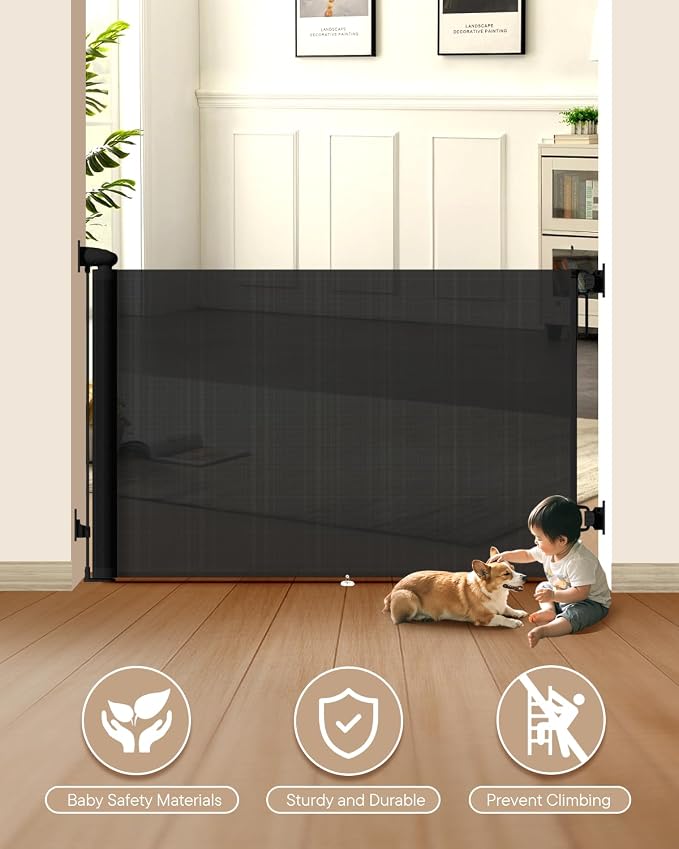 Retractable Baby Gates, 34" Tall Fits Up to 55" Wide, Black | No Bottom Bar Mesh Baby & Pet Gate with Anti-Crawling Hook, One-Hand Operation, Safety Lock for Stair, Doorway,Indoor/Outdoor