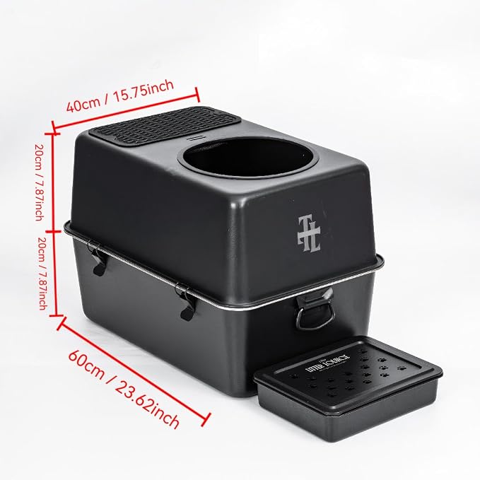 304 Stainless Steel Cat Litter Box, Fully Enclosed Leak-Proof & Rust-Proof Top-Entry XL Litter Box with Metal Scoop, Litter Mat, Side Clamps & Handles for Large Cats (Black, XX-Large)