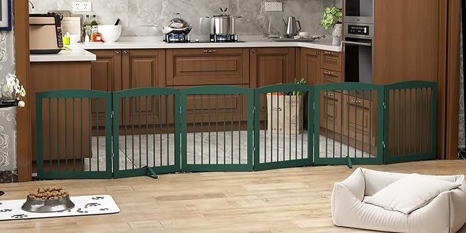 PUPETPO Freestanding Pet Gate for Dogs, Foldable Wooden Dog Gate for House, Extra Wide Indoor Pet Barrier for Stair, Doorway, Hall, Support Feet Included, 120 Inch Wide, 6 Panels 24",Green