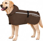 Stretch Fabric Dog Raincoat with Hood, Reflective Rain Poncho for Medium Large Dogs, Adjustable Waterproof Dog Rain Jacket with Leash Opening, Brown, Large