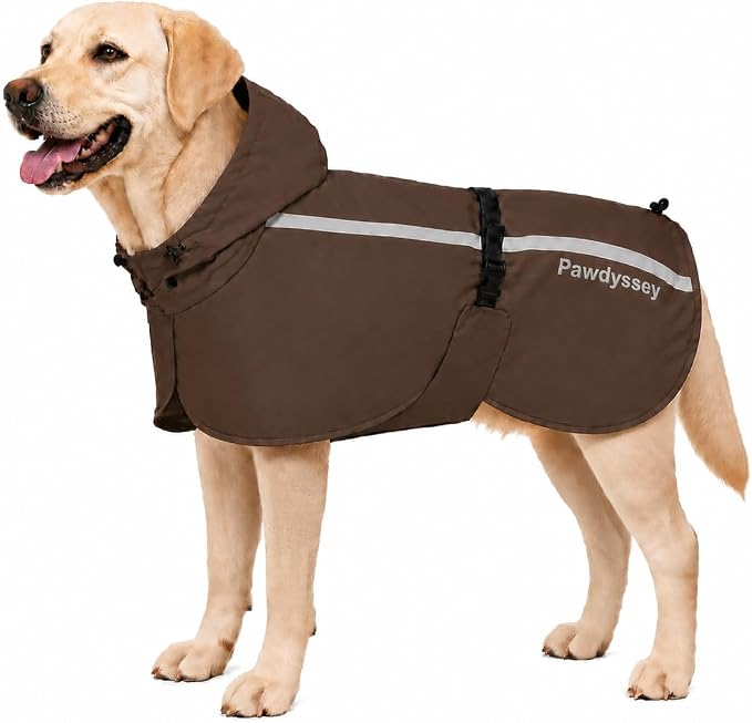 Stretch Fabric Dog Raincoat with Hood, Reflective Rain Poncho for Medium Large Dogs, Adjustable Waterproof Dog Rain Jacket with Leash Opening, Brown, Large
