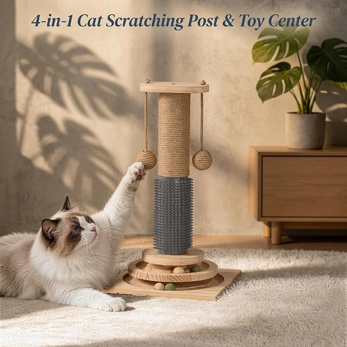 4-in-1 Solid Wood Cat Scratching Post with Self-Groomer, Medium Size | Natural Sisal Scratcher with 2-Level Track Ball Toy, Interactive Cat Tree and Furniture Protector for Indoor Cats