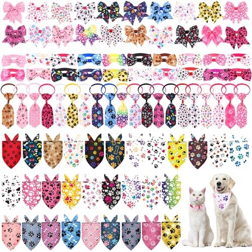 Reginary 120 Pcs Paw Bone Print Dog Bandanas Bulk Dog Bows Set Bow Ties Cat Scarf Colorful Washable Triangle Pet Kerchief Cute Bib for Summer Small Medium Large Pets Grooming Accessories Costume by Reginary