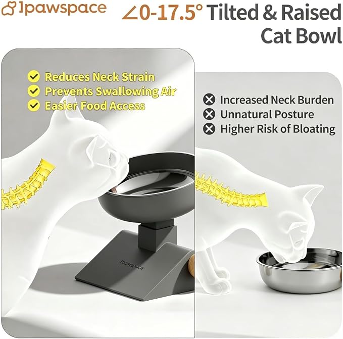 Raised Cat Bowl,Elevated Cat Bowl Stand with 3-Level Height,Grey | 25 OZ Large Capacity,304 Stainless Steel,5.6''/6.2''/6.8'' Height Elevated,0-17.5° tilt Neck-Friendly,Cats and Puppy
