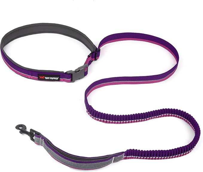 Tuff Pupper Hands Free Bungee Dog Leash | Lightweight for Running Jogging Walking | Adjustable Padded Waist Belt (24-50 inch) | Bungee Stretch 3 to 6 Feet | Strong Ballistic Nylon w/Reflective Strips