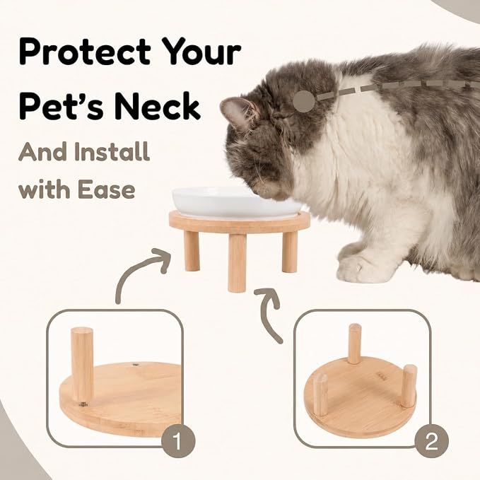 Slow Feeder Cat Bowls with Bamboo Stand, Ceramic Elevated Pet Food Plates for Cats and Small Dogs, Raised Non-Slip Feeder (White/6.3")