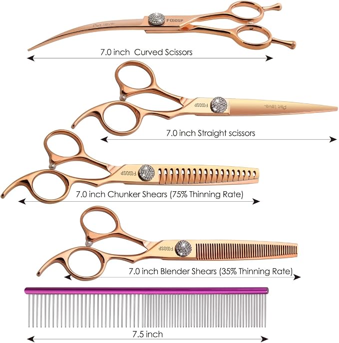 7'' Dog Grooming Scissors Set Rose Gold Titanium 4PCS Curved Thinning Straight Chunkers Shears Kit with White Artificial Diamonds Ergonomic Offset Handle Japan 440C Sharp and Durable
