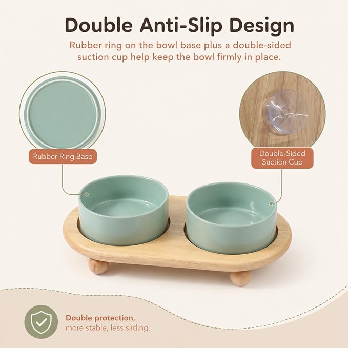 Havniva Raised Cat Bowl 5.1” Elevated Ceramic Cat Food and Water Bowl Set | Cat Bowls Elevated, Whisker Friendly Cat Bowl, Non-Slip Wood Stand, Food-Grade Ceramic, Wide Opening, Dishwasher Safe