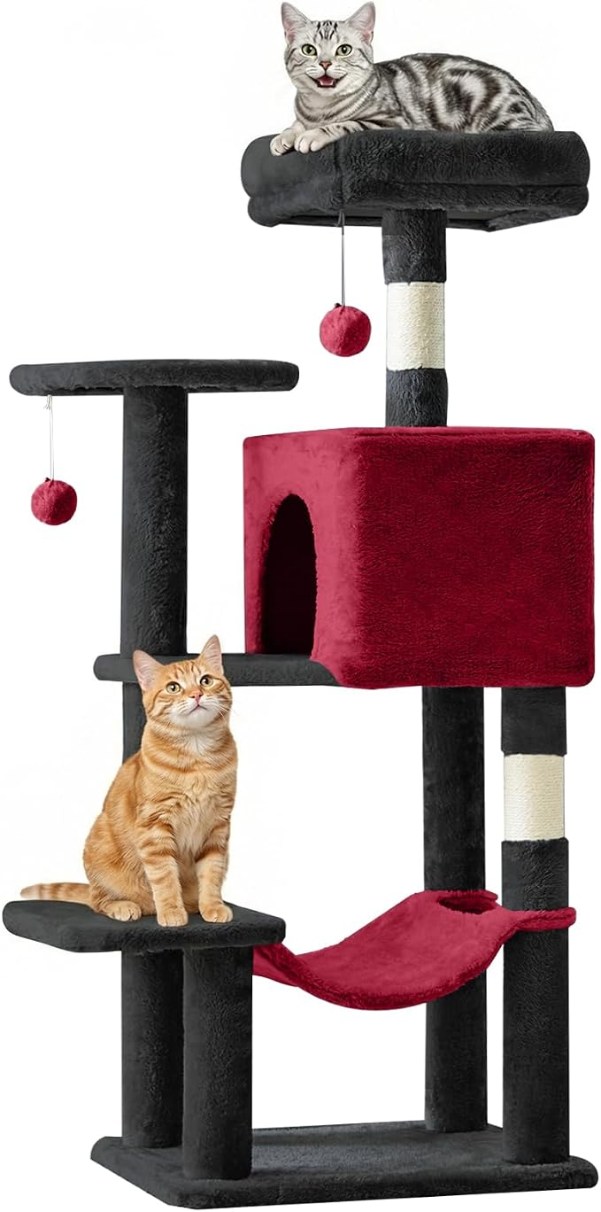 DUMOS Small 44 Inches Cat Tree Tower, Black and Red | Cat Climbing Tower with Natural Sisal Scratching Posts, Hammock, Pet Condo for Indoor Cats and Kittens Play