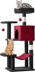 DUMOS Small 44 Inches Cat Tree Tower, Black and Red | Cat Climbing Tower with Natural Sisal Scratching Posts, Hammock, Pet Condo for Indoor Cats and Kittens Play