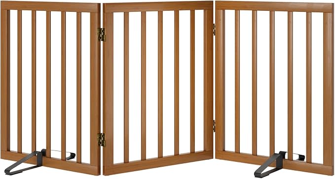 Freestanding Pet Gate Foldable Dog Gate (55 inches Wide) Walnut Bamboo Dog Gates for Stairs Doorways House (2 Support Feet Included)