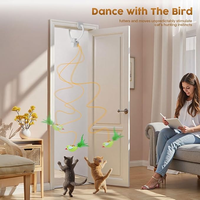 Interactive Cat Toys for Indoor Cats, Clip-On Automatic Flying Bird | USB Rechargeable Self-Play with Interchangeable Bird & Mouse Attachments for Bored Kittens and Adult Cats