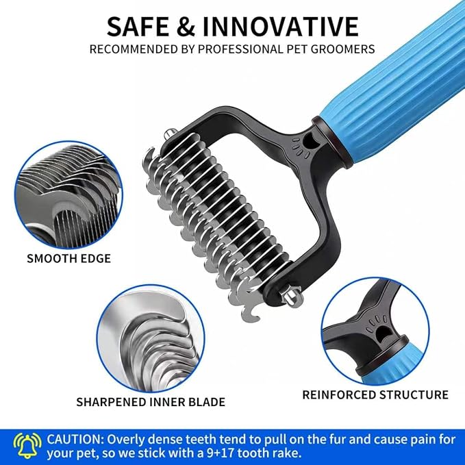 Pet Dematting Comb, 9+17 Tooth Rake with 2 Finger Toothbrushes | 9+17 tooth comb | 2 finger toothbrushes | 2 storage cases | dogs and cats