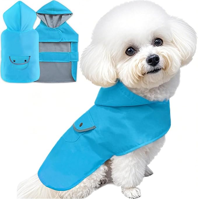 Dog Raincoat Dogs Rain Jacket Reflective Poncho Rainwear Waterproof Pet Clothes Breathable Lined Pocket Hooded Leash Hole Adjustable Medium Dogs,Blue,XXXL,Back Length 20.0 Inch