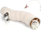 Ownpets S-Shape Cat Tunnel Toy 48"L x 12"D, for Cats, Puppies & Small Pets | Collapsible for storage, tear-resistant oxford fabric, connects to other tunnel, with peek hole, feather wand, indoor/outdoor