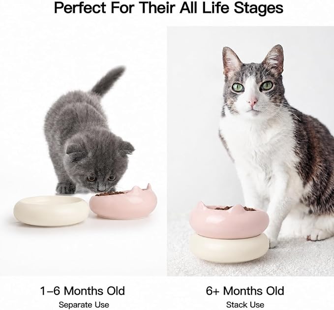 Cat Bowls, Ceramic Cat Bowls Food and Water Bowl Set, Whisker Friendly Cute Kitten Food Bowls for Protecting Pet's Spine, Perfect for Dry & Wet Food, Pink & Beige