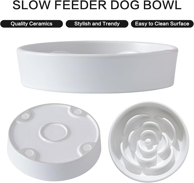 8.25'' Ceramic Slow Feeder Dog Bowls - Petal Shape Modern Dog Food Dish for Medium and Large Breeds, Puzzle Maze Bowl to Slow Down Eating, Anti-Gulping, Dishwasher & Microwave Safe, White