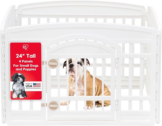 IRIS USA 4-Panel Dog Playpen, Pet Enclosure, White | Puppy Training, Configurable Layout, Multi-Shape Setup, Custom Pen Configuration, Secure Door Latch, Stable Non-Tip Base