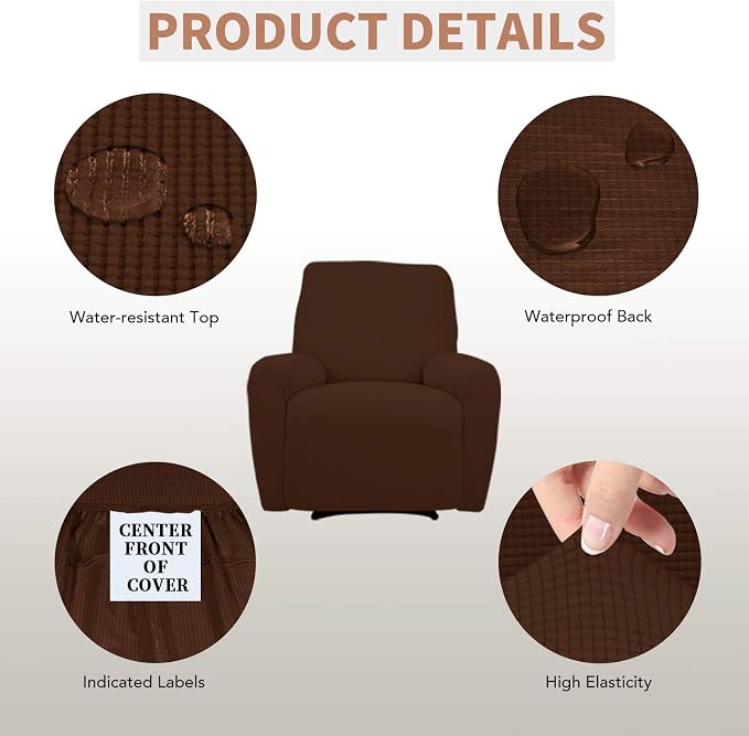 Easy-Going 100% Waterproof Recliner Chair Cover，1-Piece Recliner Slipcover | Dual Waterproof Couch Cover for Recliner，Leakproof Furniture Protector for Kids Pets Dog Cat Daily Stain, Coffee