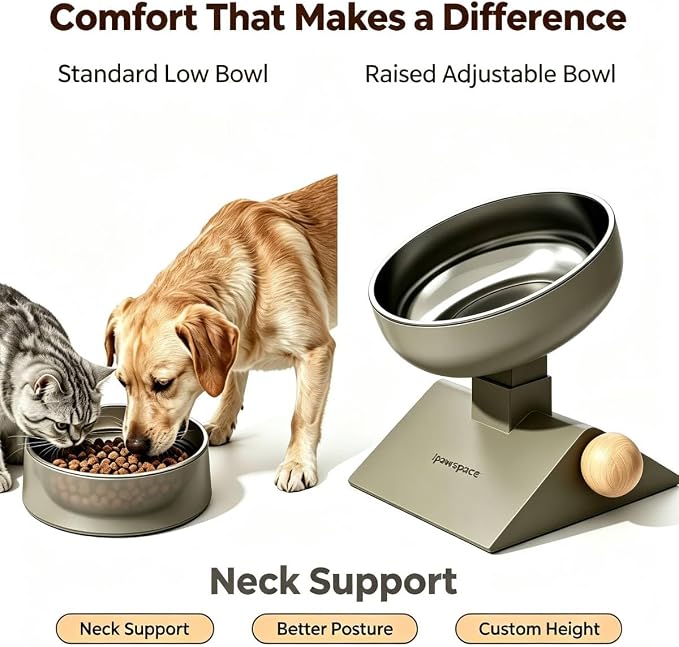Raised Cat Bowl,Elevated Cat Bowl Stand with 3-Level Height,Grey | 25 OZ Large Capacity,304 Stainless Steel,5.6''/6.2''/6.8'' Height Elevated,0-17.5° tilt Neck-Friendly,Cats and Puppy