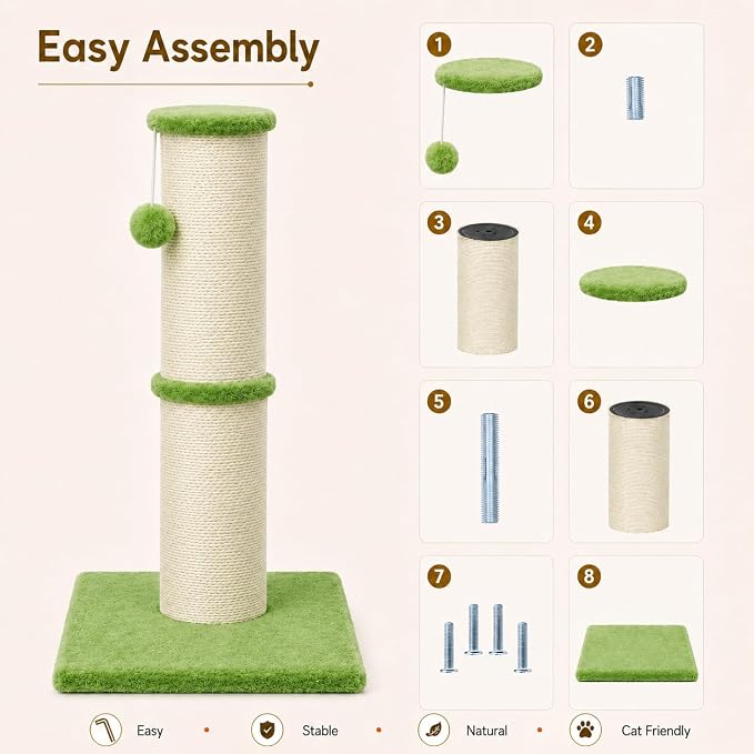 PAWSCRAT 32-Inch Tall Cat Scratching Post, 5.5-Inch Diameter, Sisal, Green | Natural Sisal Scratching Surface with a Dangling Ball for Indoor Cats, Scratch-Resistant Durable and Protect Your Furniture