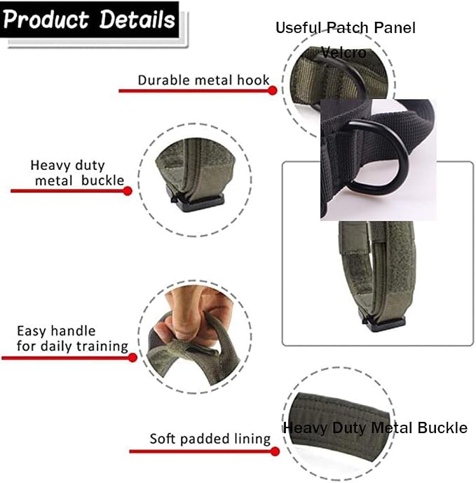 Tactical Dog Collar and Leash Set for Large Dogs with Control Handle，Green | 1000D Heavy-Duty Nylon Fabric,Quick-Release Metal Buckle,Adjustable Fit,Soft-Padded Webbing,D-Ring,for Training & Hiking,L
