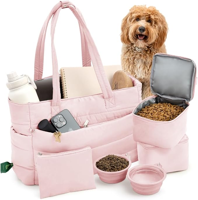 Rubyloo Puffer Dog Travel Bag for Dog Moms, Diaper Bag with Travel Bowls | 2 BPA-Free Collapsible Bowls, 2 Pet Food Containers, 9 Pockets, Everyday Puffer Bag Works With or Without Your Dog, Soft Pink