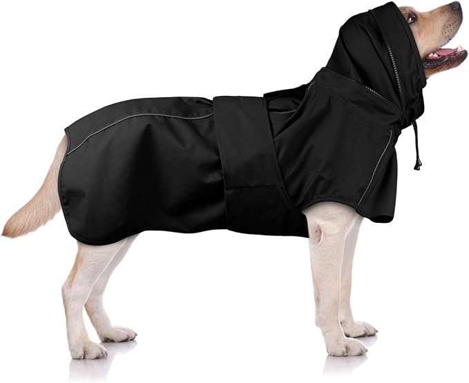 Dog Raincoat, Waterproof Dog Rain Jacket with Hood Black 2XL | Rain Coat For Large Dogs, Doggy Poncho With Leash Hole, Reflective Strips, For Rainy Snowy Weather Walks, Hiking, Camping