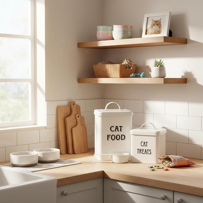 Morezi Farmhouse Cat Food Storage Container with Lid and Scoop, Pet Food Treats Holder, Sturdy Canister Tins for Kitchen Countertop, Shelf, Great Gift for Pet Owners, 5 lbs