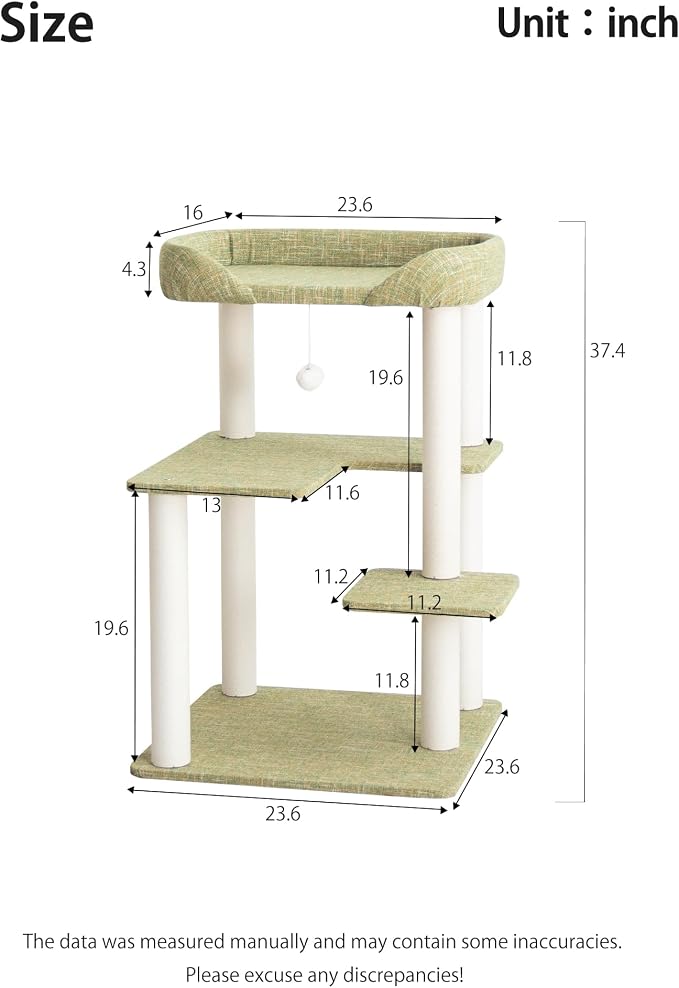 Cat Tree for Large Cat, Modern Senior Friendly Cat Tower with Wide Shelves Low Step, Cotton Scratching Posts, Super Sturdy Base, Cozy Perches, Interactive Toys (Linen Fabric Green 37.4-Inch)