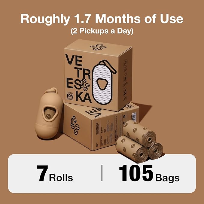 VETRESKA Dog Poop Bags Dispenser with Coffee Scented Waste Bags, Leak Proof | Extra Thick & Strong, 1 Holder and 105 Count Pet Poop Bags (7 Refill Rolls) for Dogs and Cats