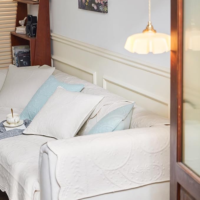 Leaf Floral Cotton Quilted Dog Couch Cover for Sofa Farmhouse Rustic Embroidered Sectional Couch Cover Soft Anti-Slip Sofa Slipcover Furniture Protector for Kids, Pets (White,28"x59")
