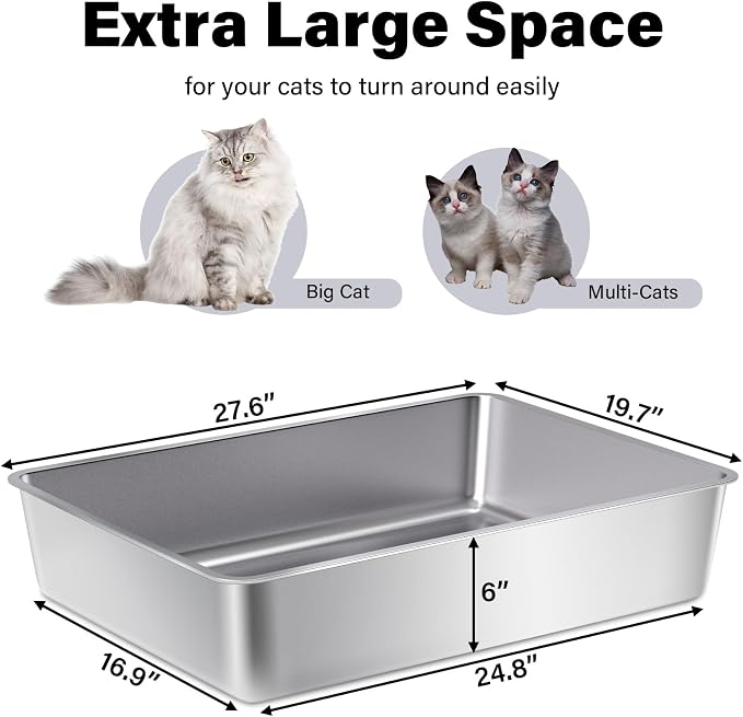 Stainless Steel Litter Box, Metal Cat Litter Box XXXL | 28" X 20" X 6", Extra Large Steel Litterbox for Big Cat, Multiple Cats, No Smell, Non Stick, Easy Cleaning