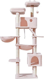 Taoqimiao Cat Tree, 71 in Extra Large Cat Tower for Inddor Cats, MS026LP | 2 Large Cat Condos, 2 Cute Perches, Metal Frame Cozy Hammock, Durable Scratch Board, 8 Natural Sisal Posts, Basket, Pink